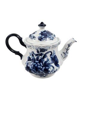 Vintage Porcelain Teapot Colbalt Blue White Floral Design Scalloped Rim